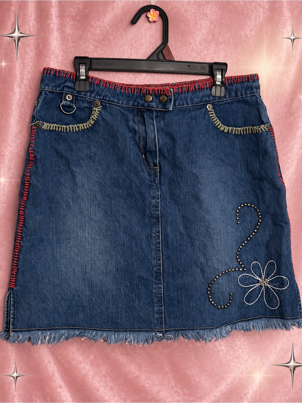 Vintage Y2K CLIO Denim Mini Skirt 4 Embroidered Studded Fringe Boho Western